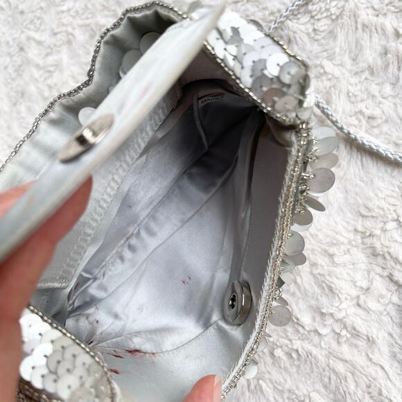 Cache silver beaded sequin mini evening bag convertible crossbody Y2K vintage - Picture 10 of 17